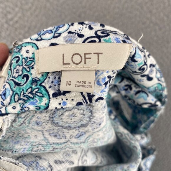 LOFT Skirt Womens 14 Blue Floral Paisley Linen Blend Faux Wrap Mini Ruffle Hem - Picture 5 of 9